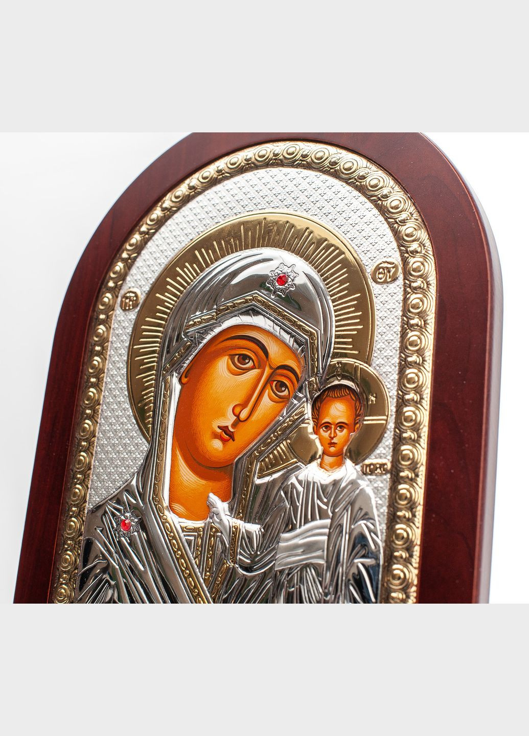 Серебряная Икона Казанская Божья Матерь 20х25см арочной формы в деревяной рамке Prince Silvero (266265763)
