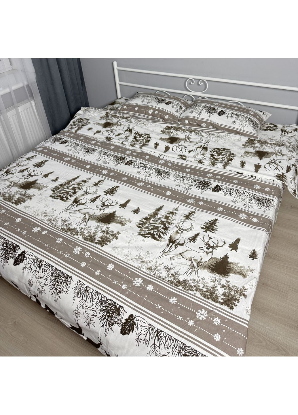 Постільна білизна двоспальна світло-сіра з коричневим новорічна Зимовий ліс Фланель Байка 954702 Ananasko (361079944)