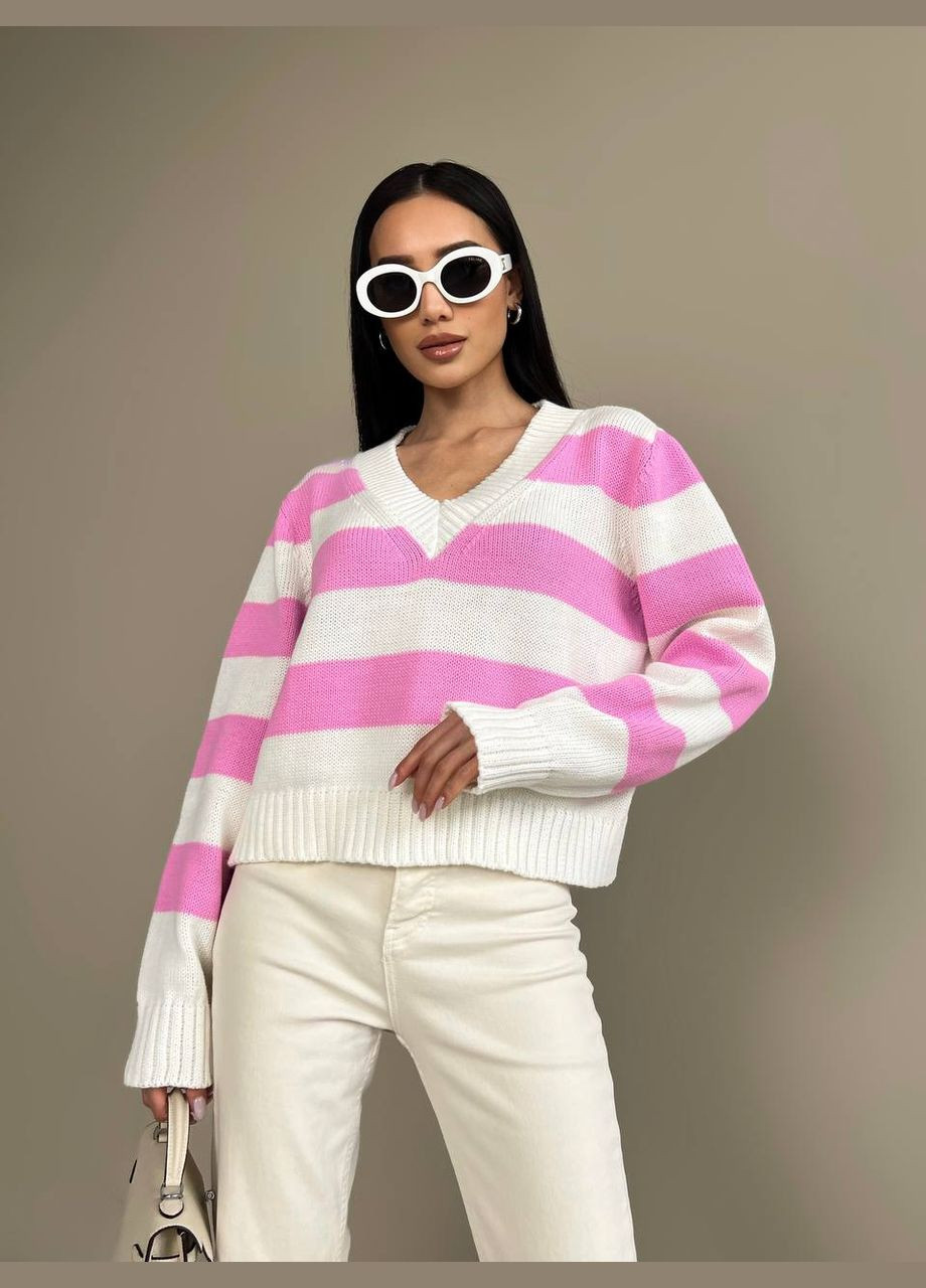 Жіночий светр із V-подібним вирізом колір молочний-рожевий р.42/46 432194 New Trend (285711098)