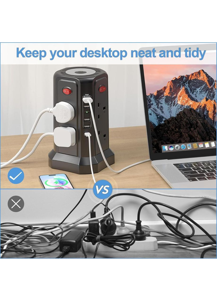 Башенный удлинитель со слотами USB 3м USB 20 Вт с подсветкой (13A 3250 Вт) английская розетка No Brand (356505579)