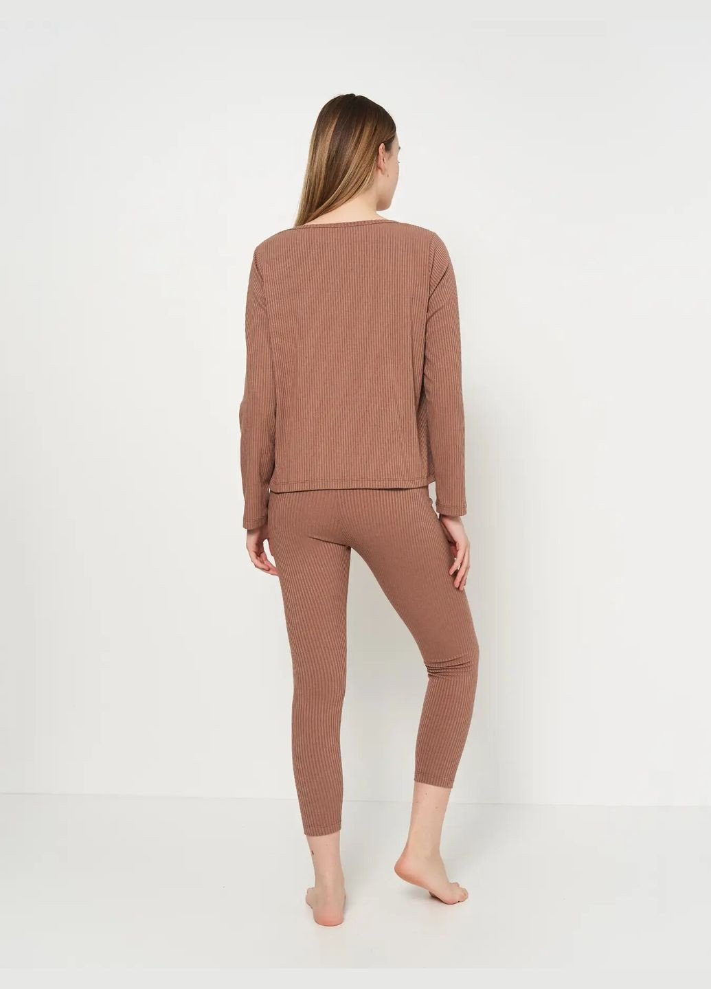 Коричнева всесезон жіноча піжама лонгслів + легінси Роза