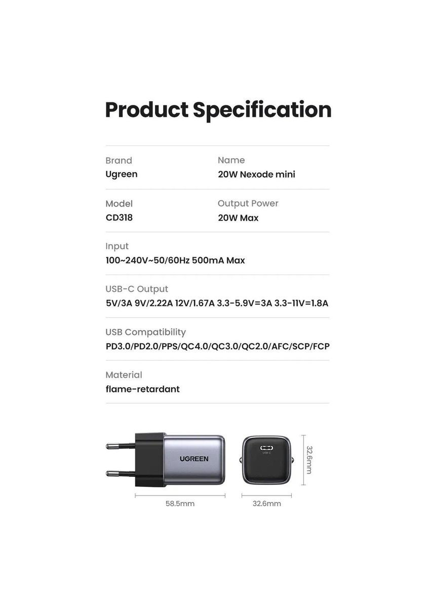 Зарядное устройство для CD318 Nexode mini 20W Charger EU (UGR-90664) Ugreen (369472894)