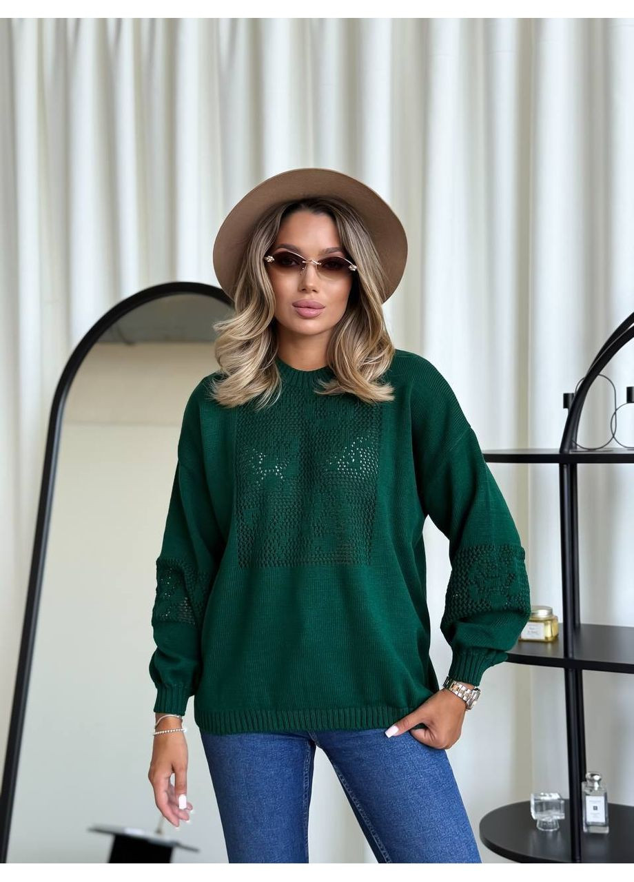 Смарагдовий демісезонний класичний жіночий светр з ажурним плетiнням смарагдового кольору 34178 No Brand
