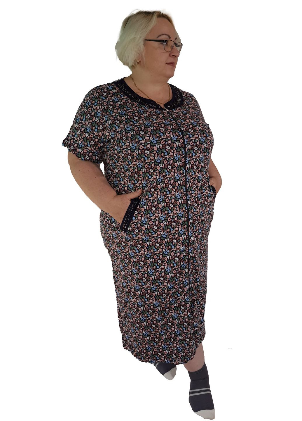 Халат легкий жіночий бавовняний з різнокольоровими овалами на чорній основі розмір No Brand (356727784)