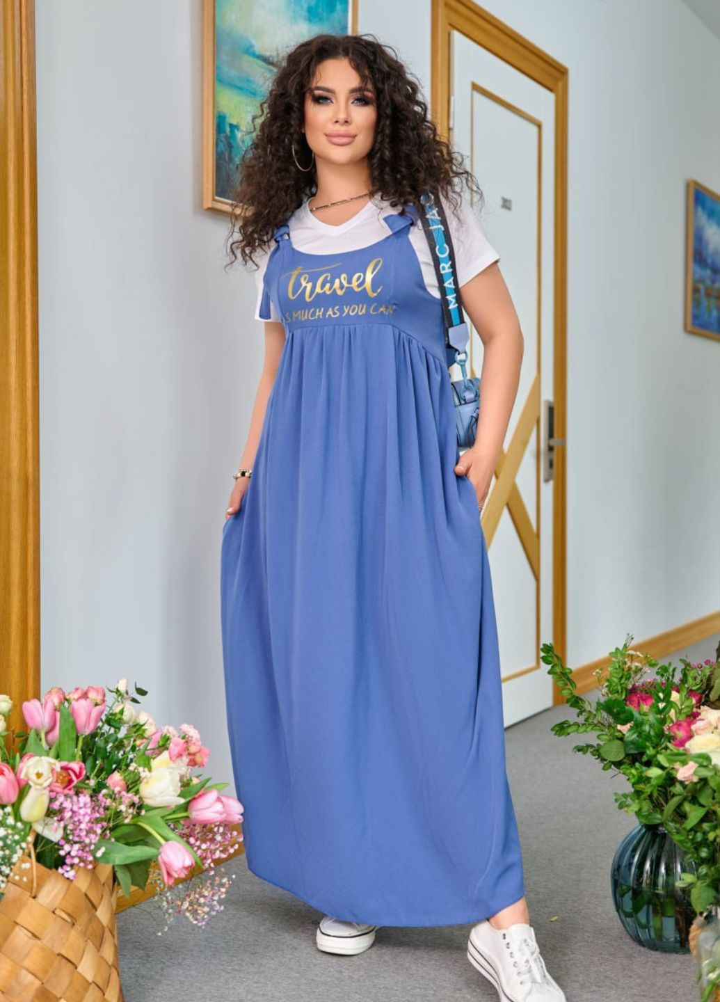 Синя повсякденний сукня сарафан з візерунковим написом No Brand з написами