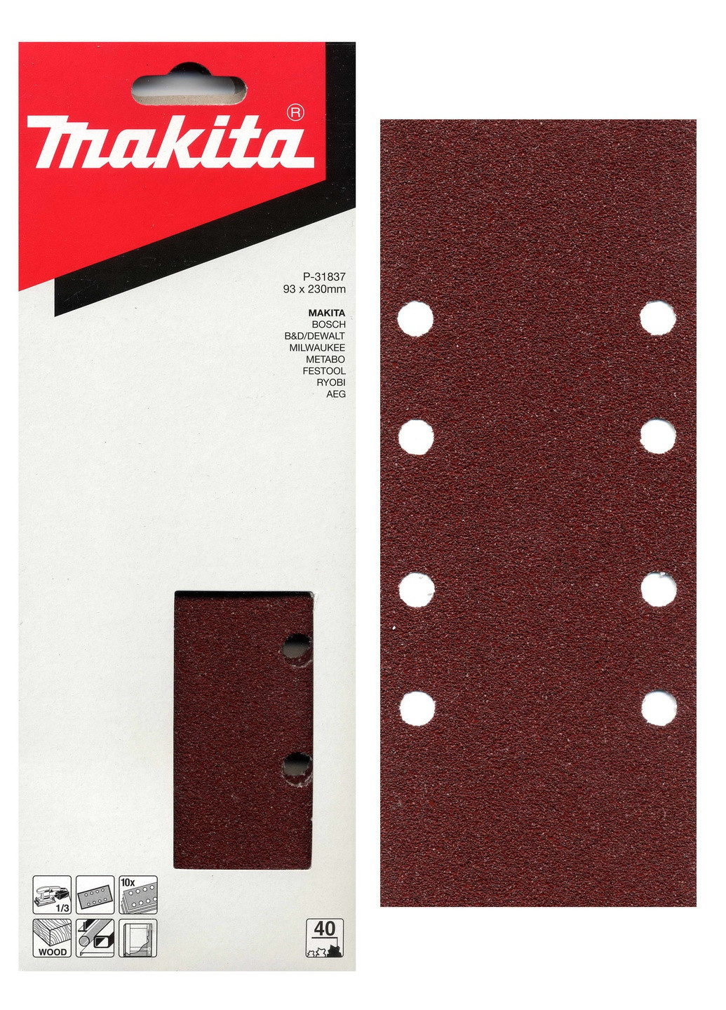Набір шліфувального паперу P-31837 (93х228 мм, 8 отворів, К40, 10 шт) шліфпапір шліфлисти (7033) Makita (295039017)