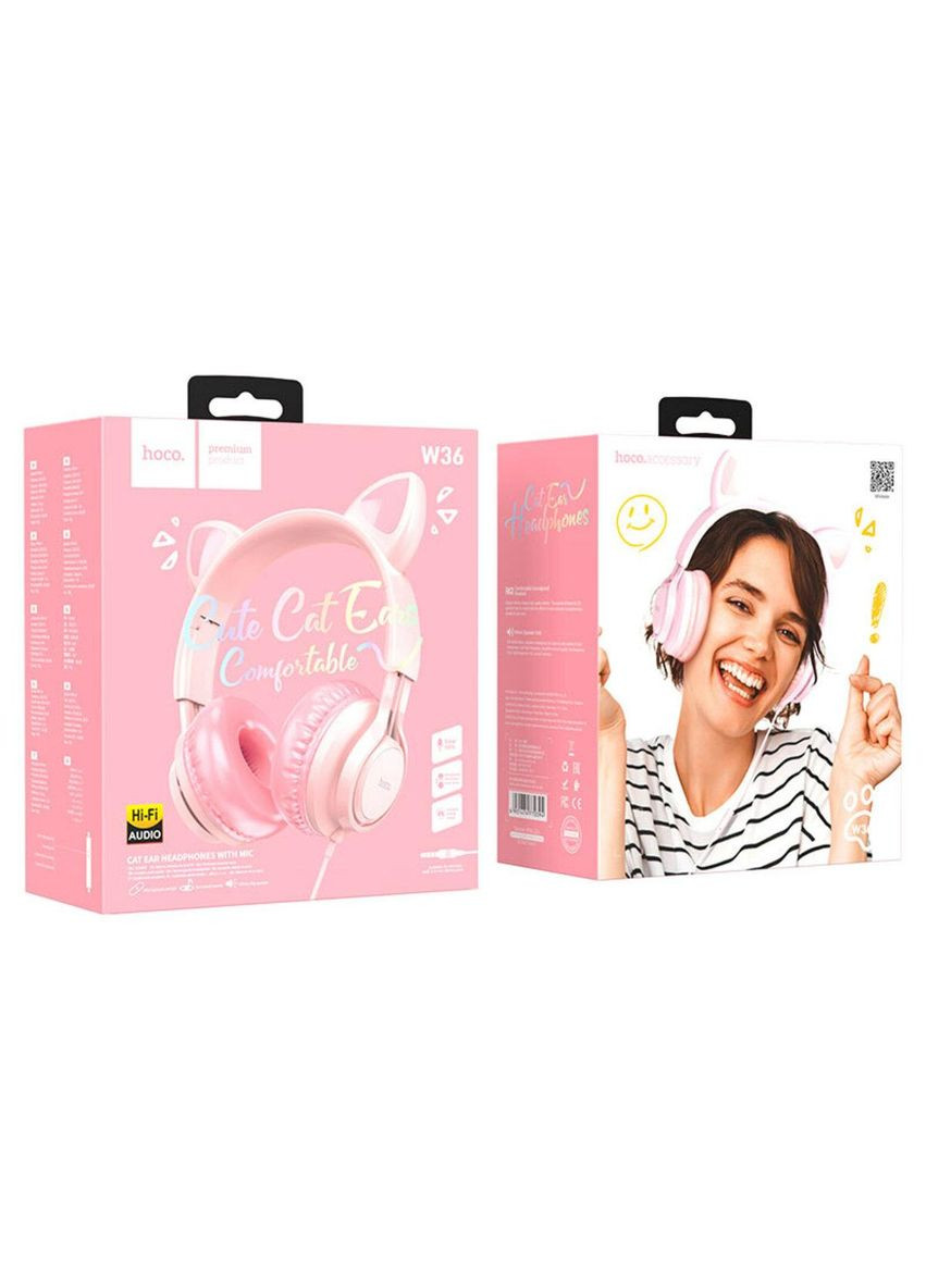 Наушники W36 Cat ear headphones with mic Pink Hoco (353497606)
