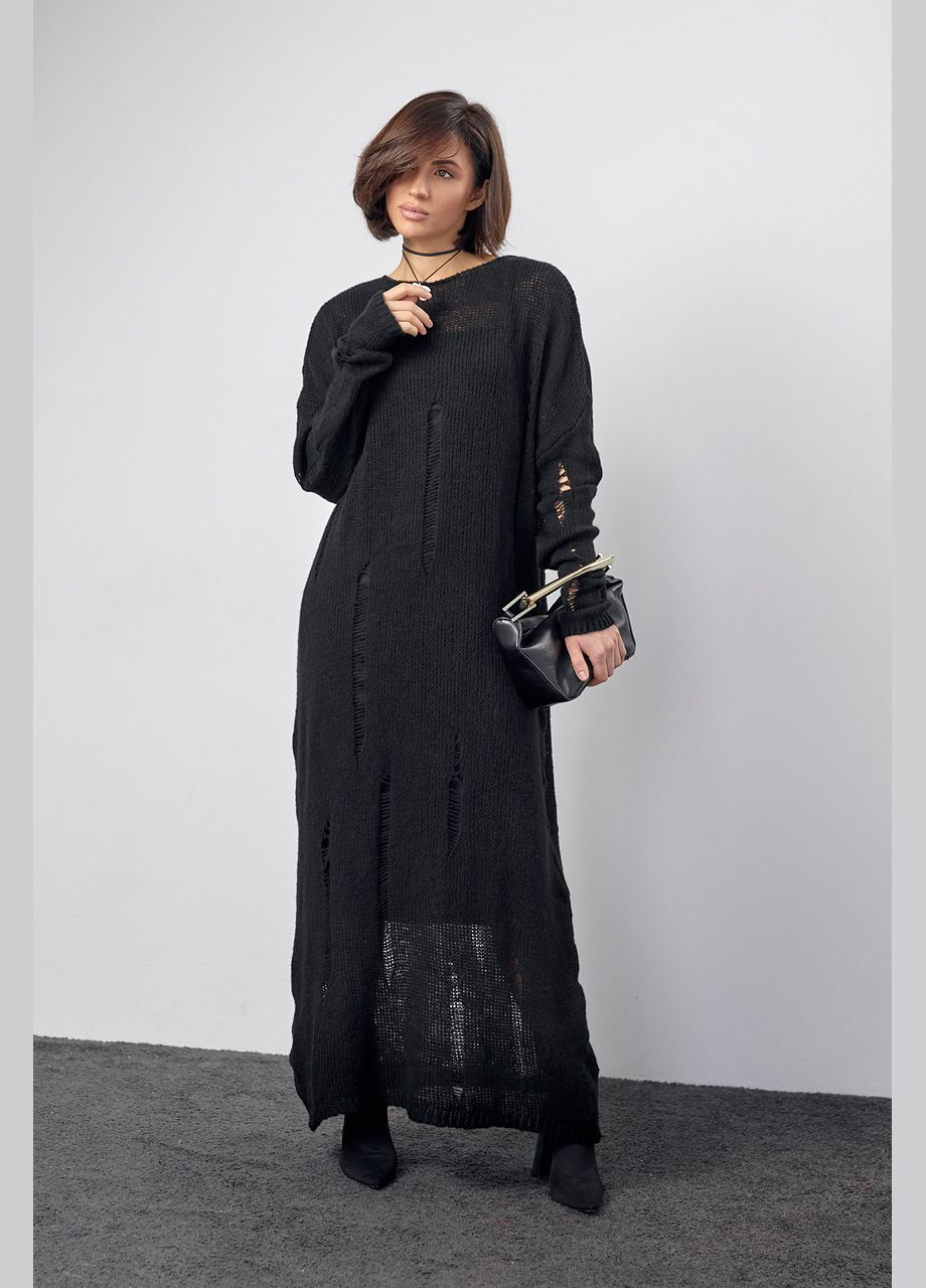 Черное повседневный вязаное платье с рваными элементами - черный Lurex