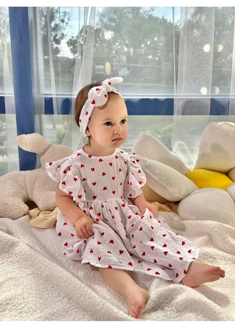 Белое муслиновое платье с крылышками сердца красное❤️ + повязка No Brand (399925524)