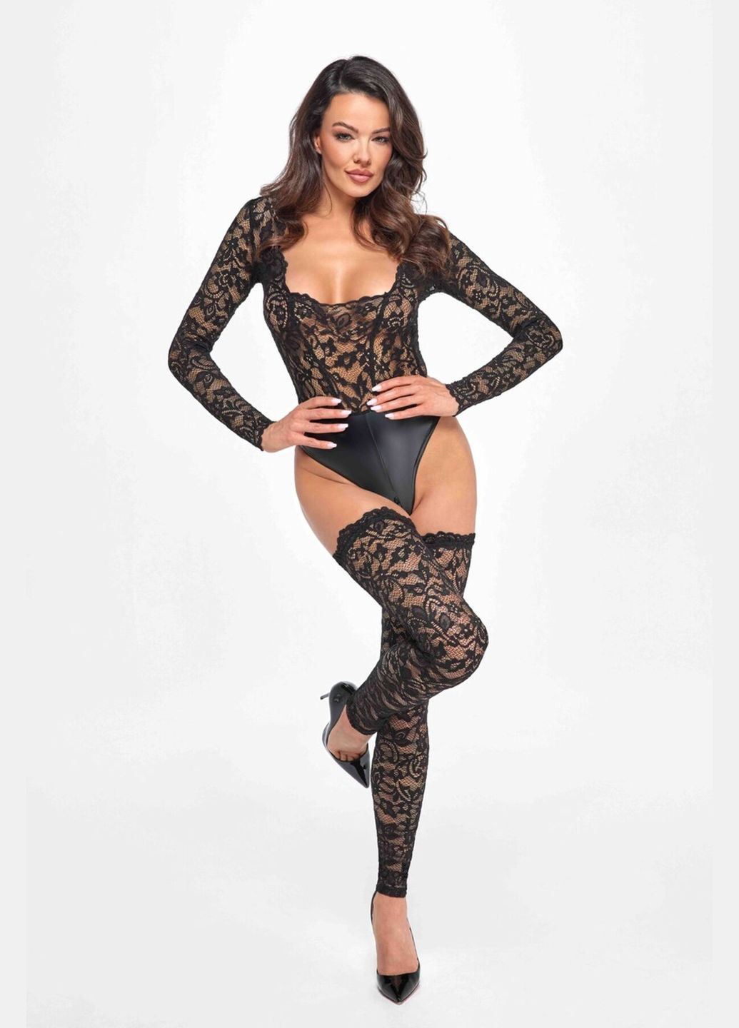 Боди F296 Psyche, XXL, кружево, длинный рукав, низ под латекс, с доступом Noir Handmade (358890854)