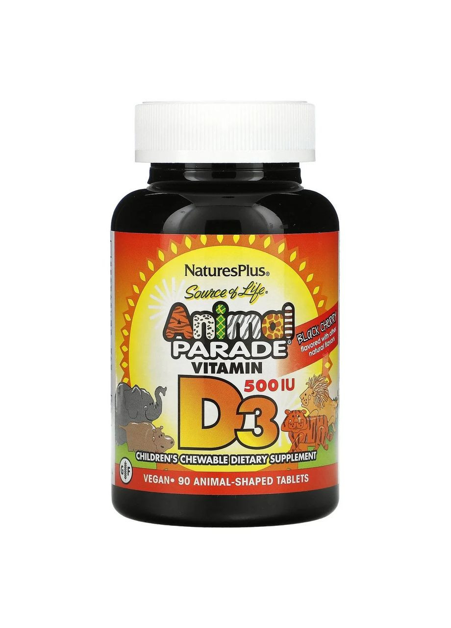Дитячі мультивітаміни з вітаміном D3 Animal Parade, чорна вишня, 500 МО, 90 жувальних капсул Nature's Plus (361116927)