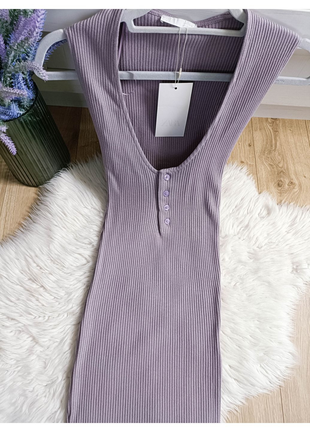 Сиреневое рубчатое платье средней длины с пуговицами Zara