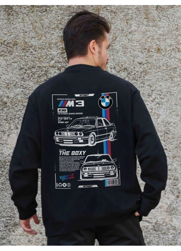 Черный утепленный оверсайз свитшот на флисе с принтом bmw black Without (362357827)