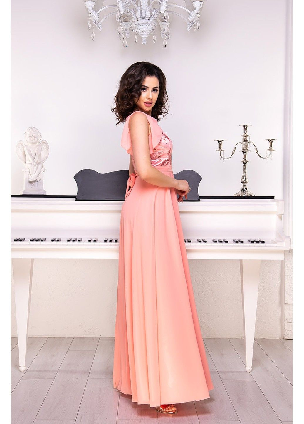 Персикова вечірня сукня атлас шифон 9076 рожева Tanita-Romario