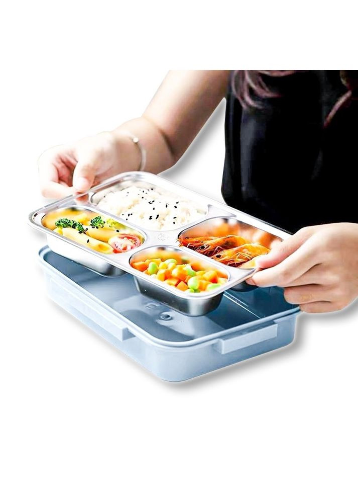 Ланч-бокс із підігрівом їжі за допомогою гарячої води сталева чаша на 4 відсіки 1500мл з підставкою для телефону MA-2000 Blue No Brand (350349130)