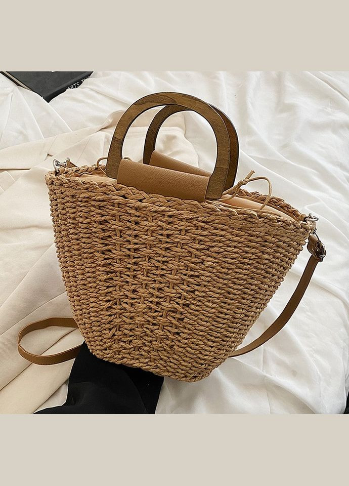 Маленька літня плетена сумка кросбоді з дерев'яними ручками та довгим ремінцем ANGELA No Brand (293510681)