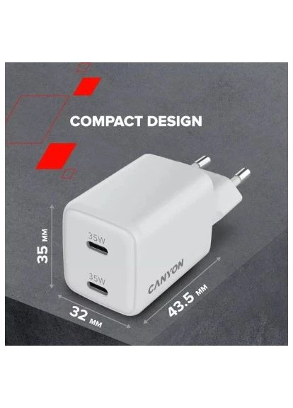 Зарядний пристрій CU35CC GaN 35W 2xPD EU White (CNS-CUW35CC) Canyon (396863476)