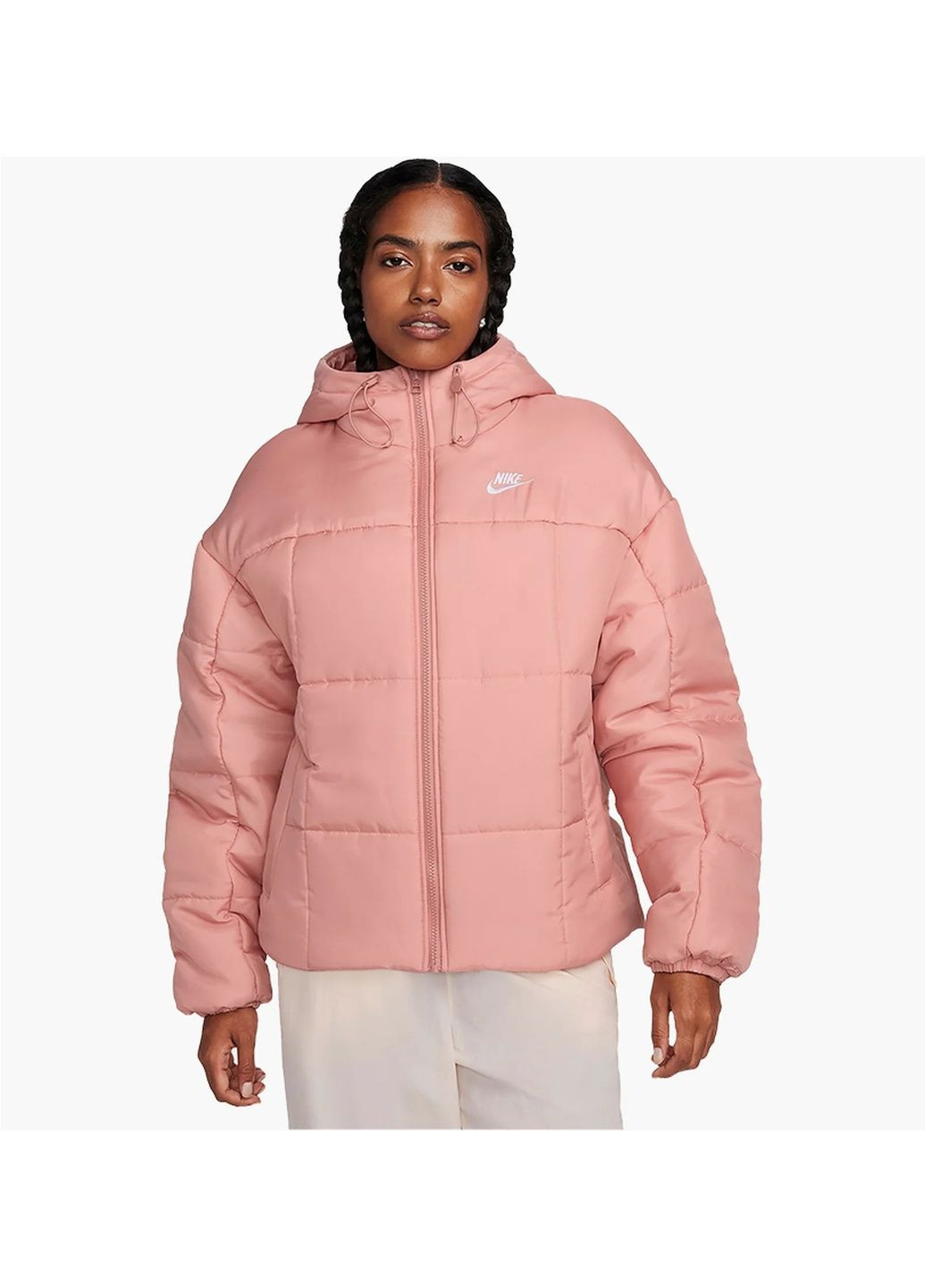 Рожева пуховик жіночий sportswear classic puffer therma-fit loose hooded jacket pink Nike