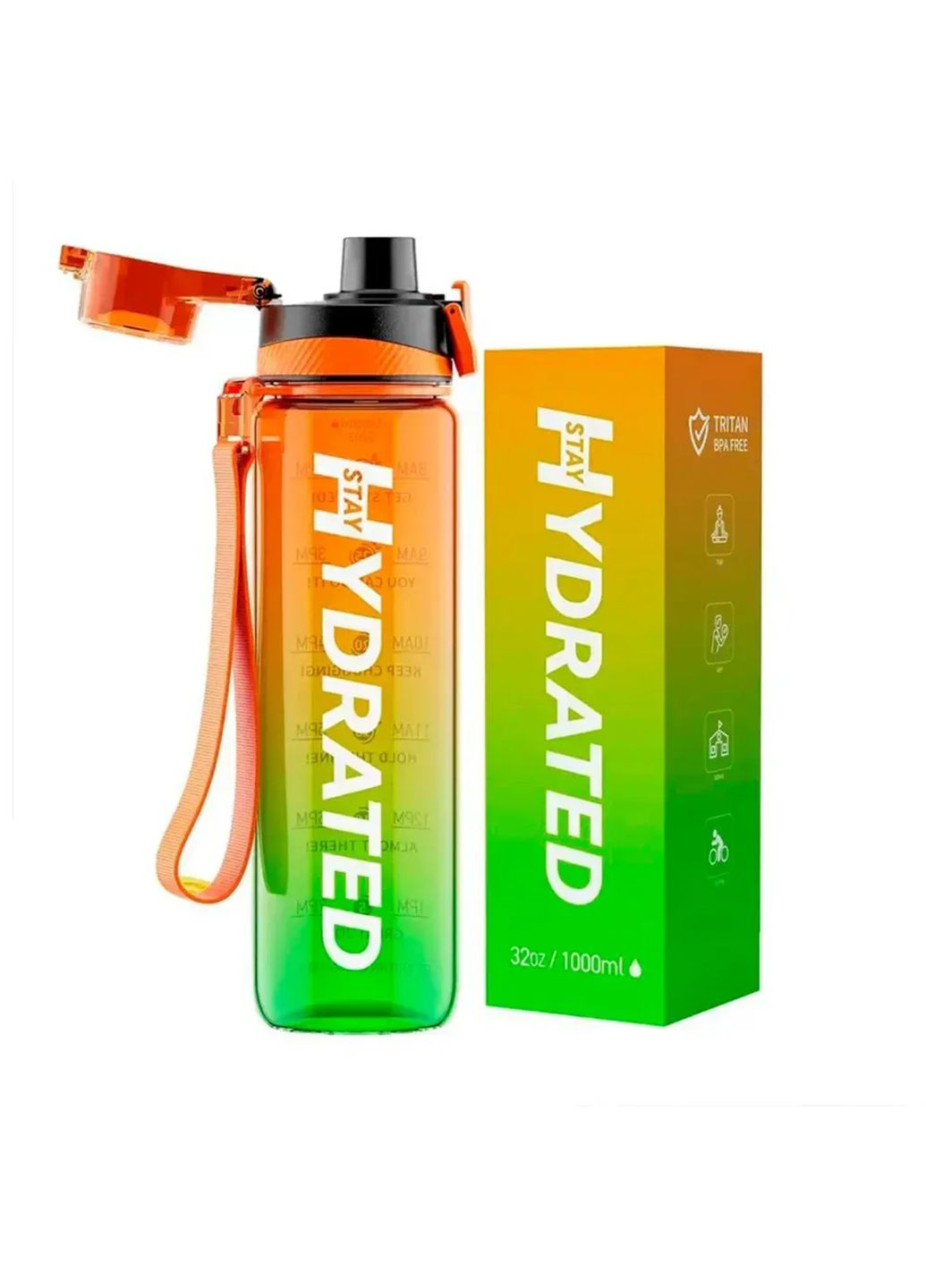 Бутылка для воды 1000 мл Tritan зеленая оранжевая с гидратацией Brave (367958115)