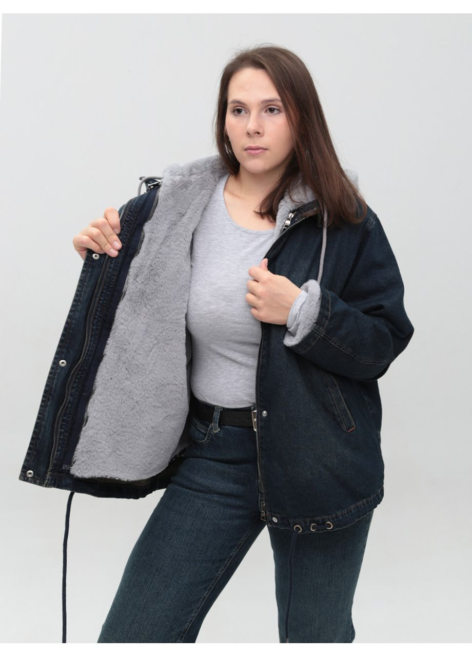 Темно-синяя зимняя куртка женская джинсовая с мехом внутри синяя большой размер Whitney Вільна