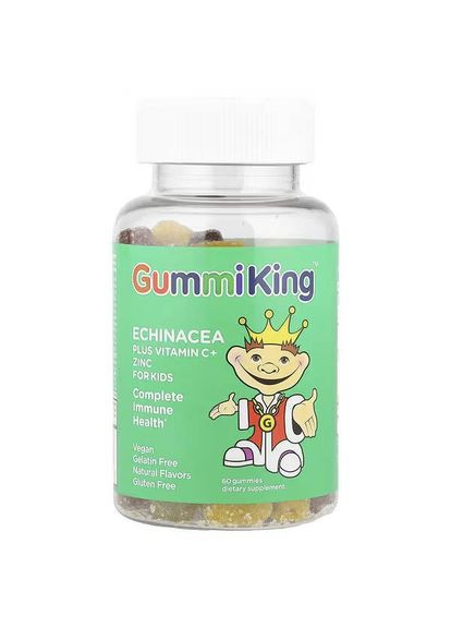 Эхинацея, витамин C и цинк для детей, вкус клубники, апельсина, лимона, винограда, вишни и грейпфрута, 60 жевательных таблеток Gummi King (370135411)