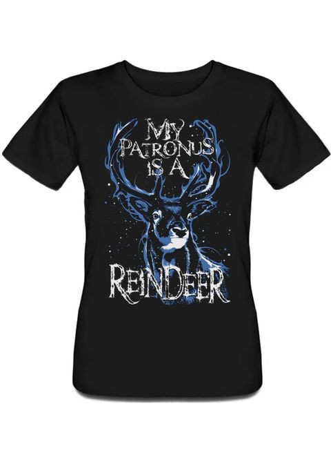 Черная летняя женская новогодняя футболка my patronus is a reindeer (чёрная) Fat Cat