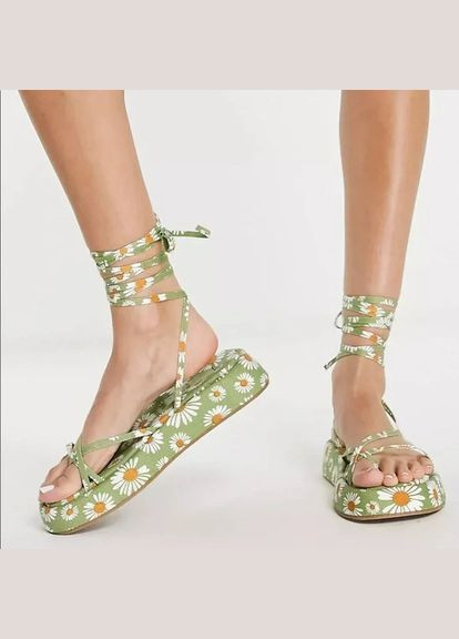 Босоніжки Asos fragment chunky flat sandals with ankle tie in green floral (290688097)