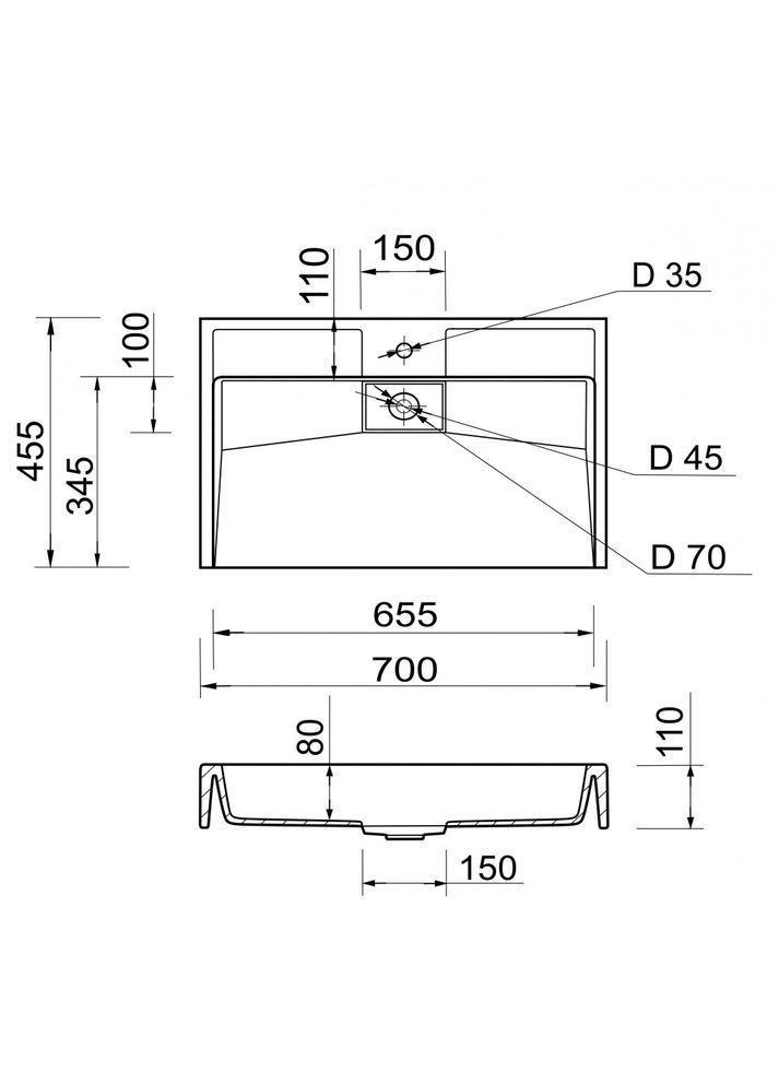 Умивальник 700х455мм, з отвором для змішувача/переливу, прямокутний VISION Білий (35690700455) Adamant (373006135)