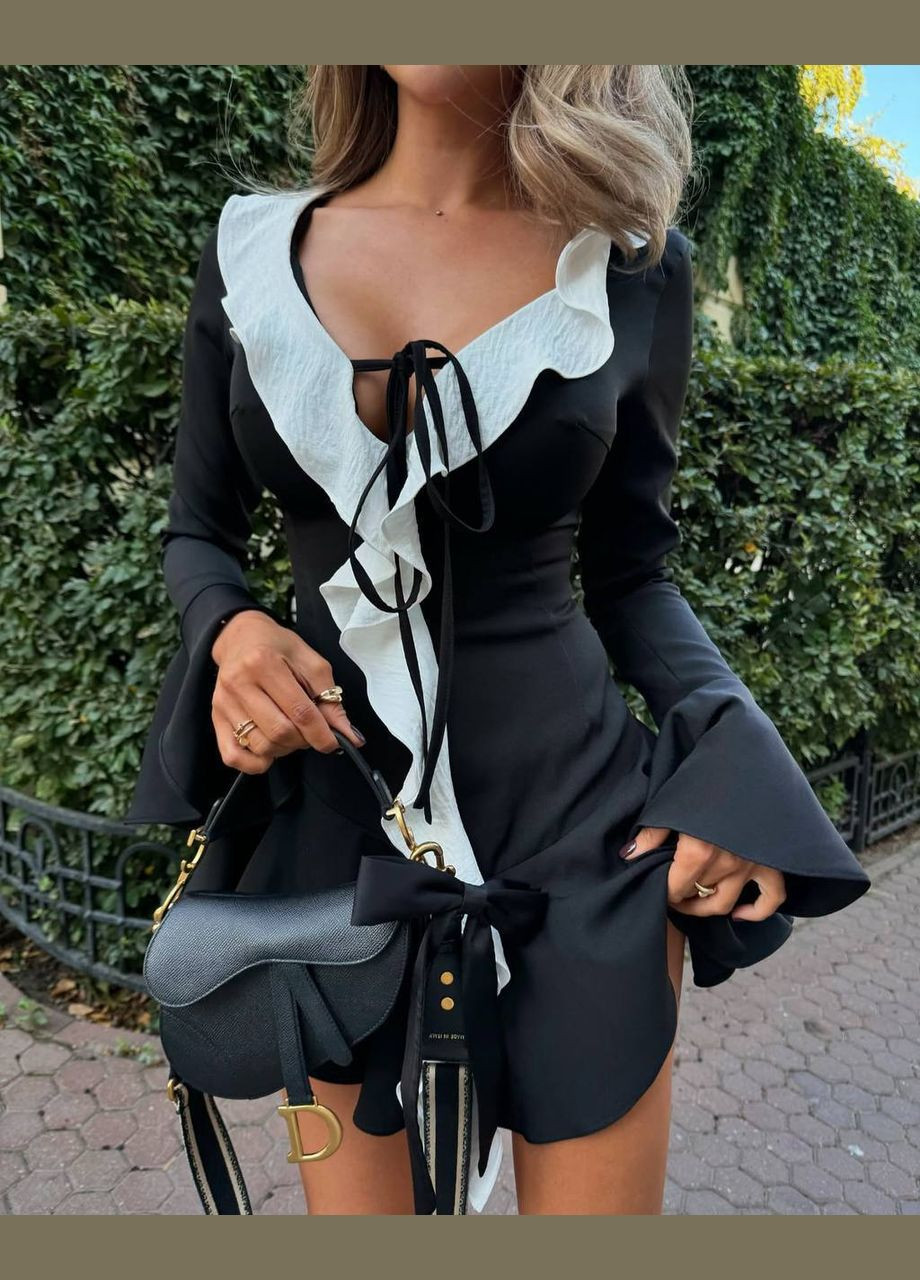 Черно-белое кэжуал, вечернее женское платье с рюшами No Brand