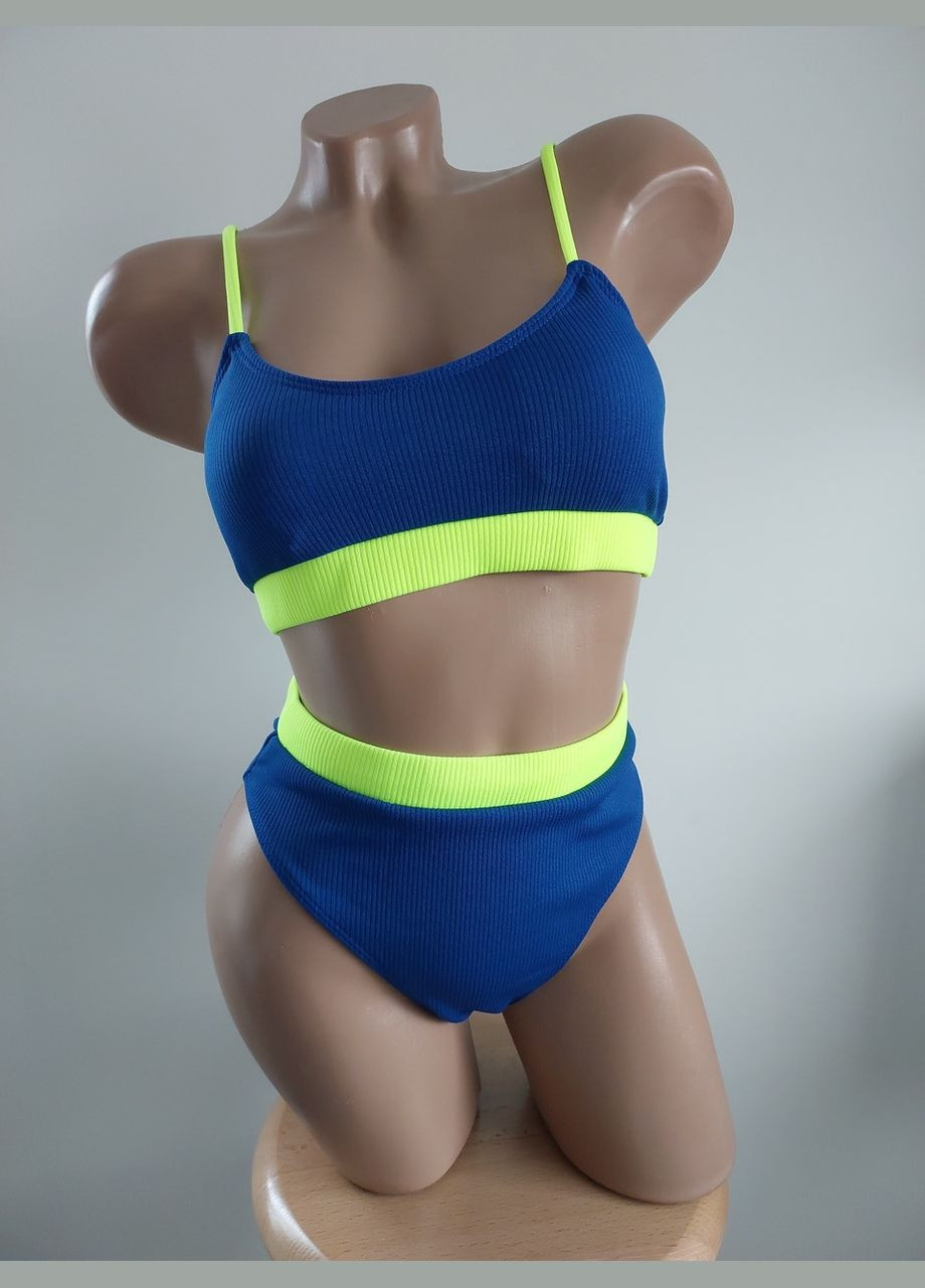 Синій демісезонний жіночий роздільний купальний в рубчик із завищеною талією (арт.60125) No Brand