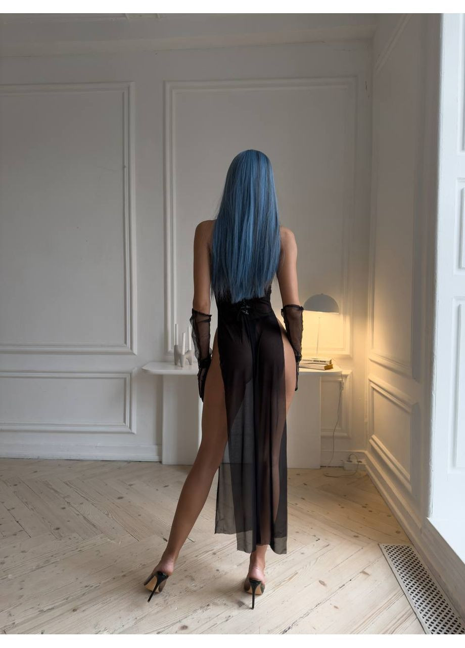 Черный демисезонный сексуальная комбинация из эко-кожи и сетки с трусиками Vakko