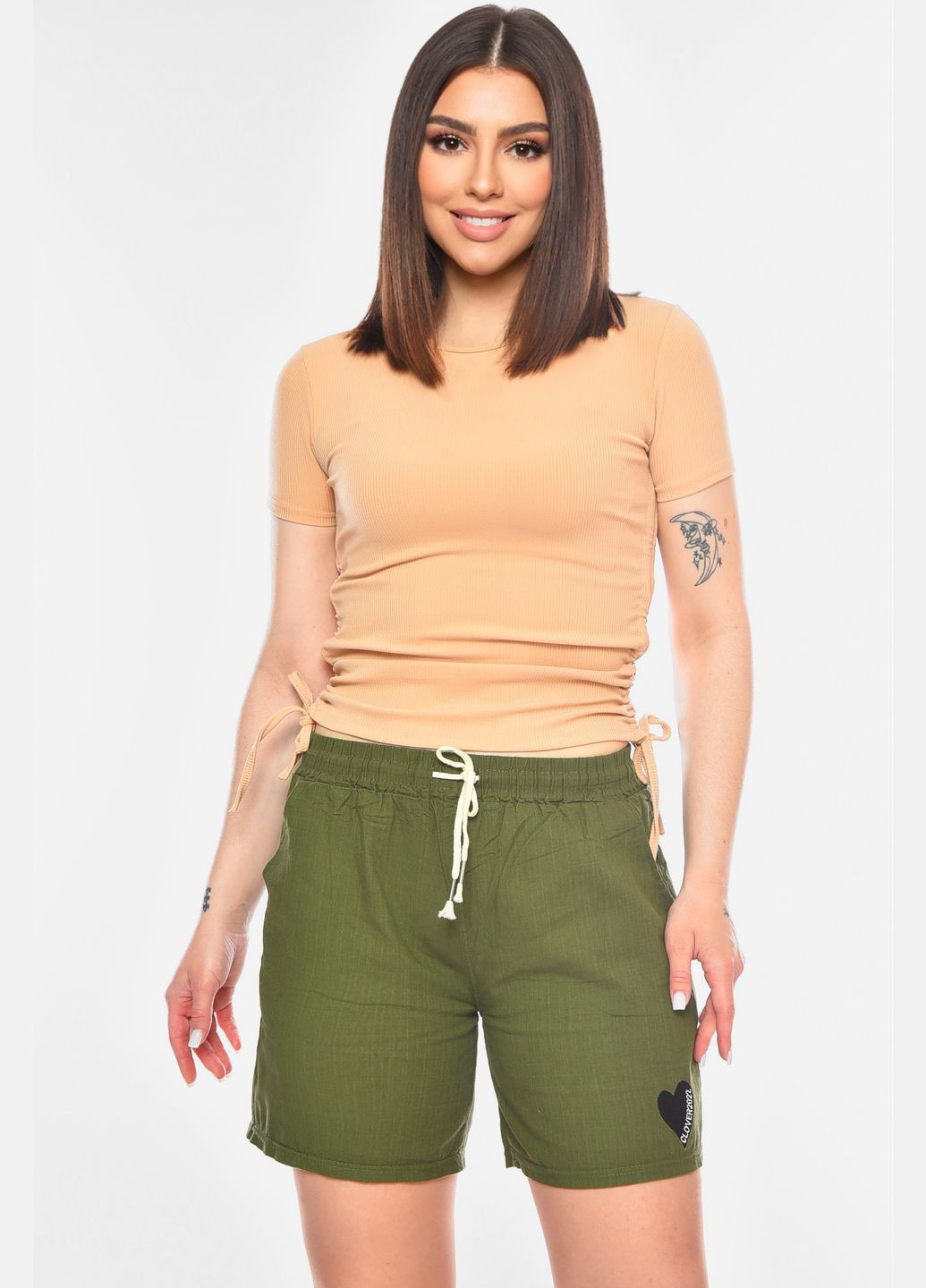 Шорти жіночі однотонні кольору хакі Let's Shop (328915973)