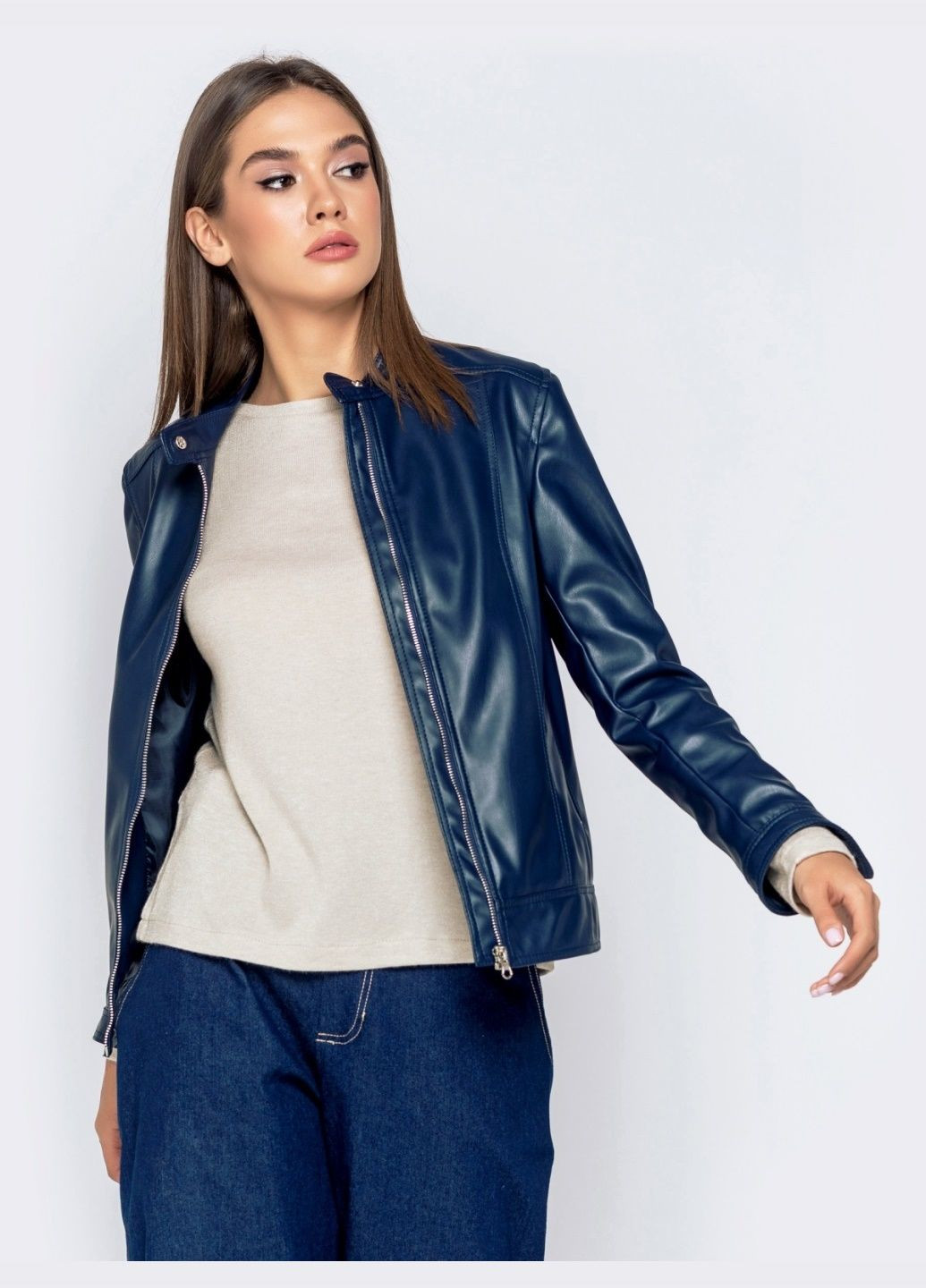 Синя демісезонна синя куртка прямого крою з екошкіри Dressa