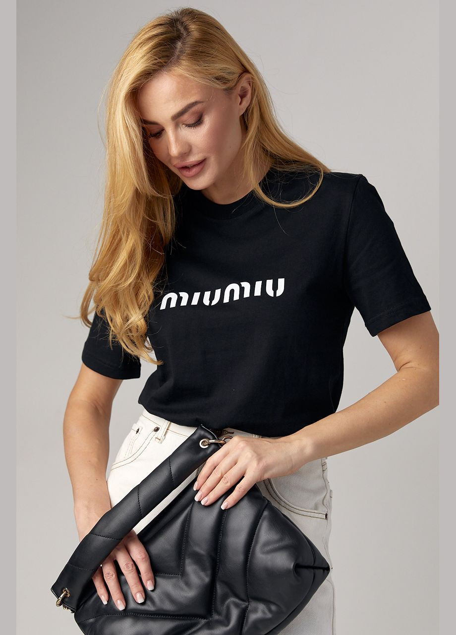 Черная летняя женская футболка с надписью miu miu Lurex