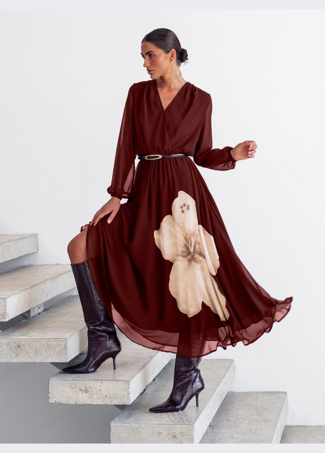 Бордова вечірня шифонова сукня бордового кольору з квітковим принтом Dressa з квітковим принтом