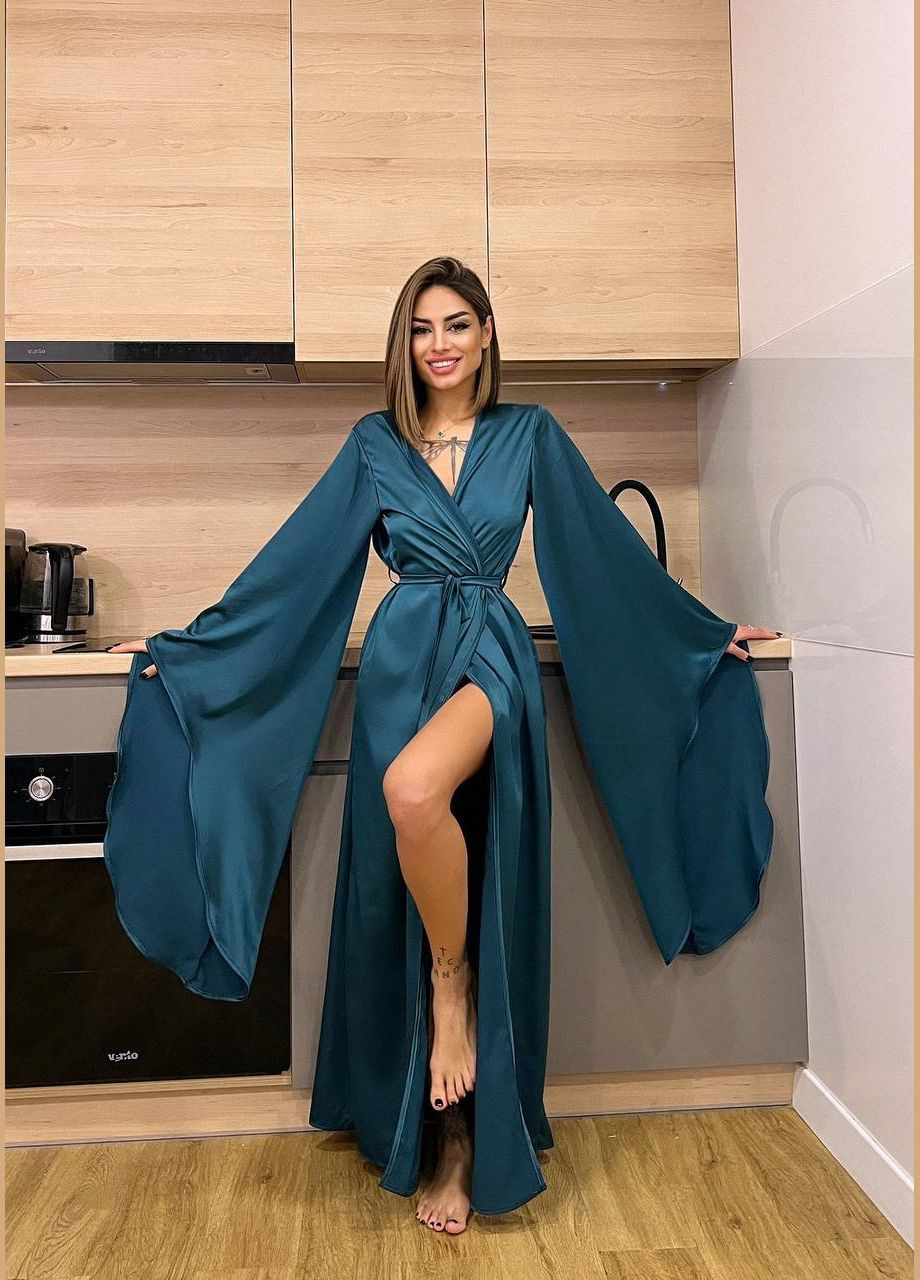 Жіночий розкішний довгий коричневий шовковий халат кімоно на запах з довгими рукавами шоколадний No Brand (315337477)