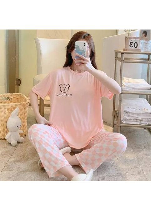 Персиковая всесезон бамбуковый комплект футболка свободного кроя и штаны в клетку, стильная пижама базовая, пижама для дома и сна футболка + брюки No Brand Бамбуковий комплект футболка вільного крою кофе