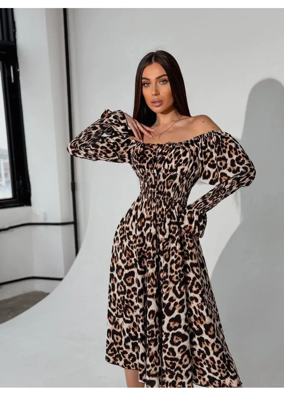 Комбінована cукня міді з принтом біла квітка на зеленому No Brand