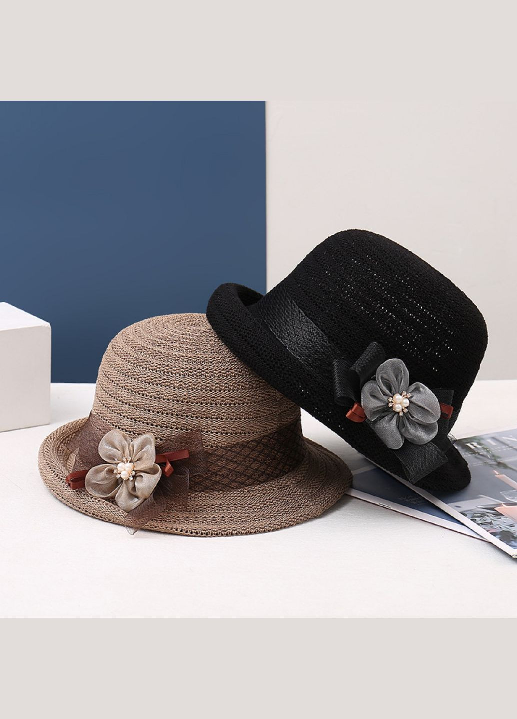 Женская Летняя Плетеная Шляпа Котелок с декоративным цветком Легкая Стильная Панама модный летний гардероб No Brand (338201965)