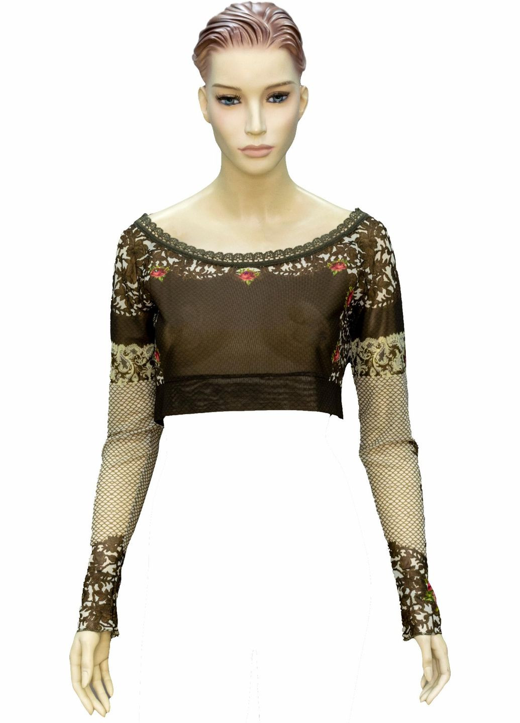 Бежевая блуза женская "винтажная фантазия" с кристаллами swarovski, кружевом и цветочным принтом, ручная работа (р-m) Michal Negrin