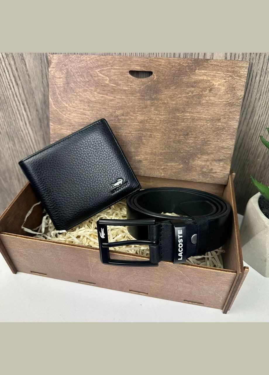 Чоловічий подарунковий набір шкіряний гаманець портмоне стиль Лакоста + поясний ремінь у коробці Lacoste No Brand (334729719)