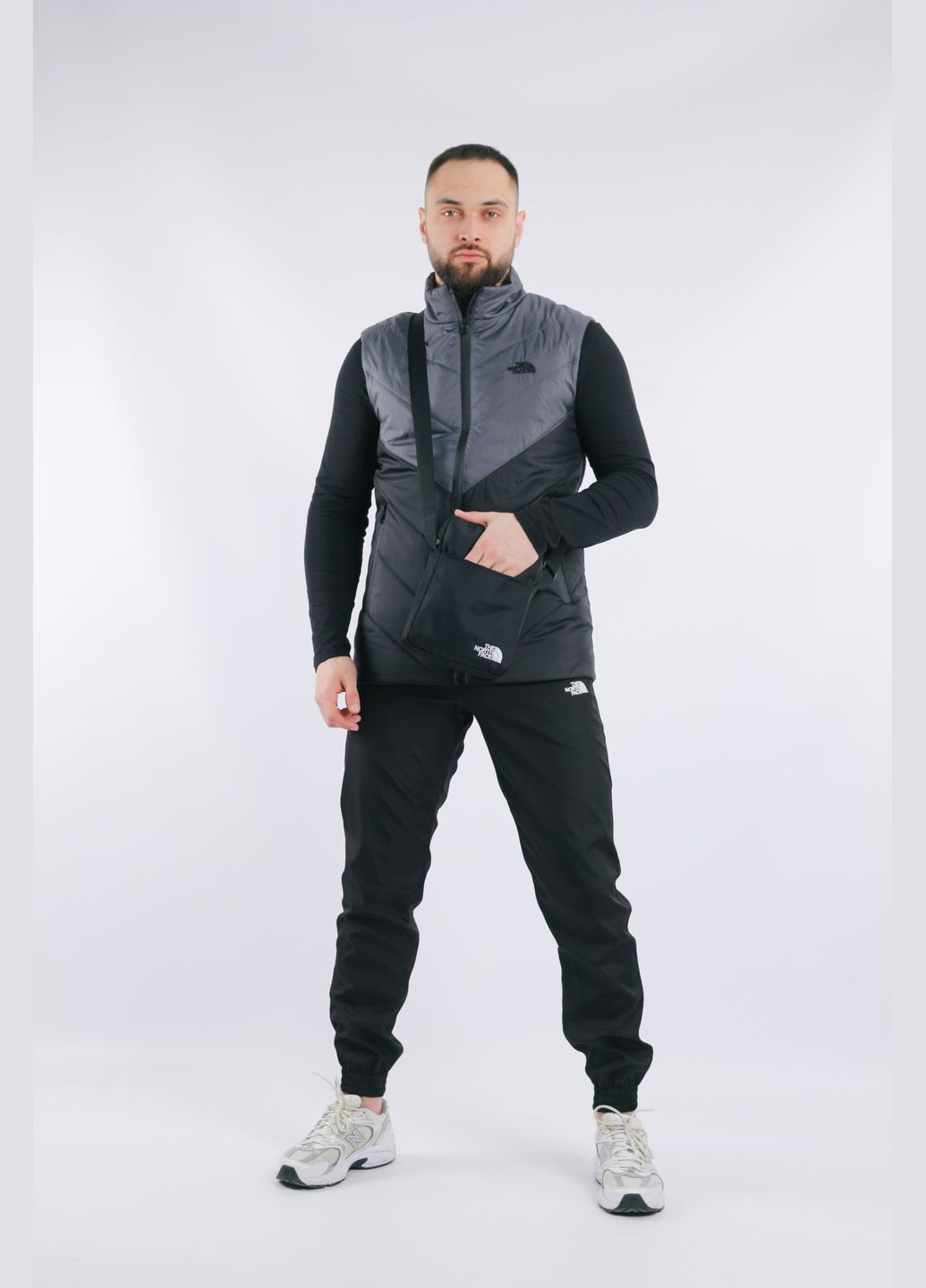 Сірий демісезонний комплект чоловічий "clip": жилетка сіро-чорна + штани "president" чорні. барсетка у подарунок! No Brand