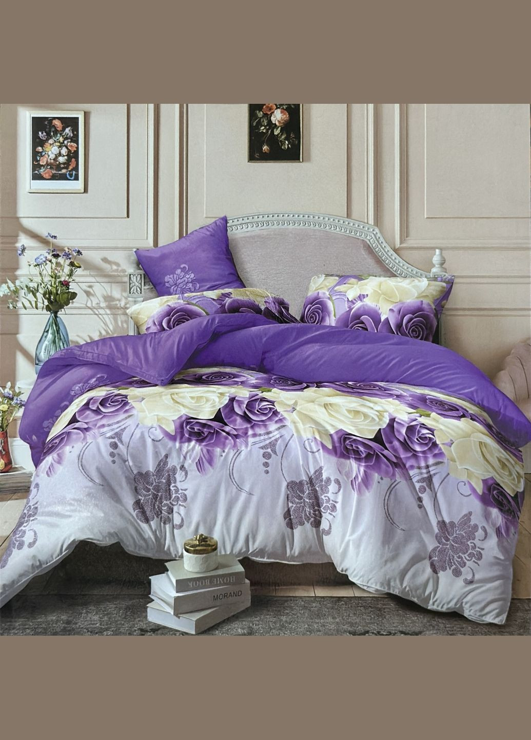 Постільна білизна двоспальна євро фіолетово-сіра Троянди Бязь Поліестер 8526 Ananasko (339078967)