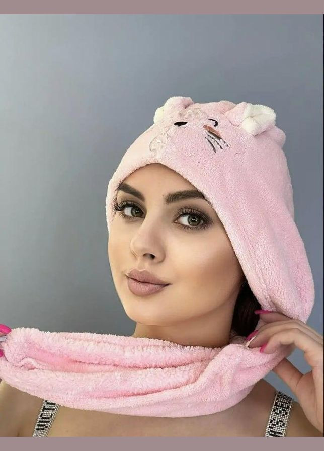 Тюрбан чалма для сушки волос из микрофибры Полотенце на голову с пуговицей и ушками Тюрбан для ванной (ВК0903В-2) No Brand розовый