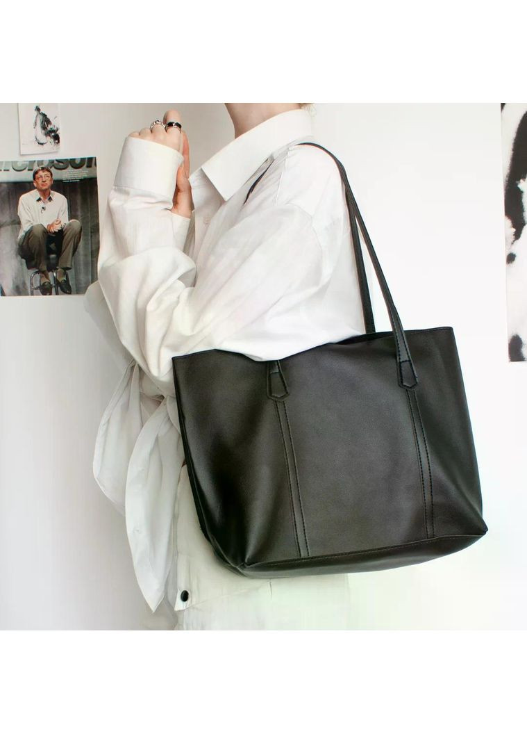 Кожаная черная сумка вместительная в университет база для учебы минимализм много отделений для студентки современная вмещает А4 No Brand (350935457)