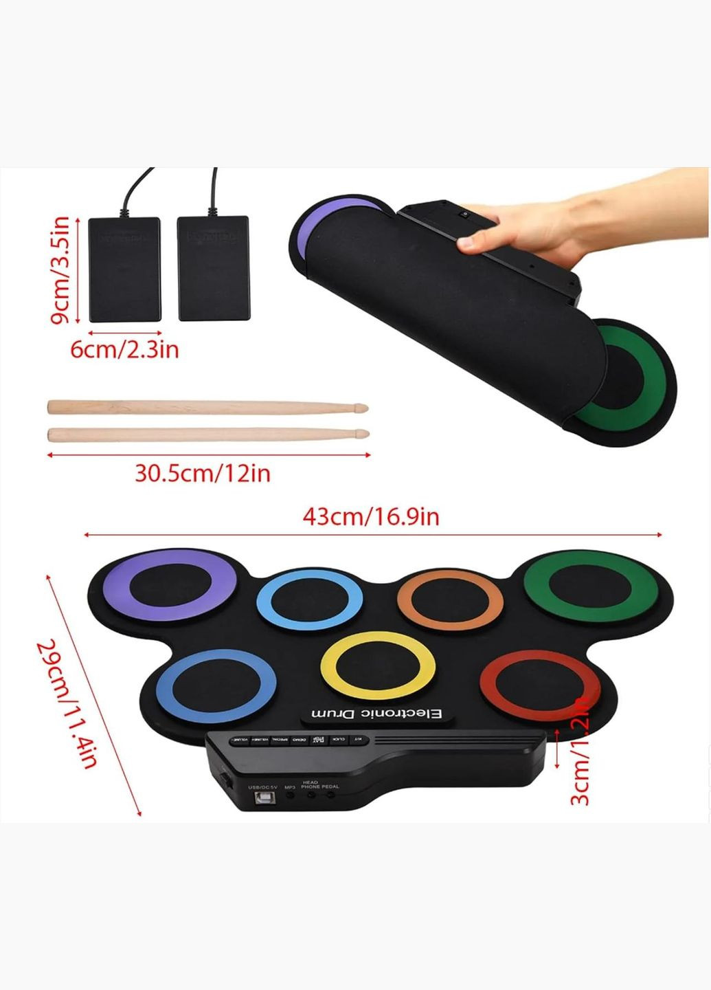 Разноцветная электронная барабанная установка KidsDrum для детей с аксессуарами No Brand (342716996)