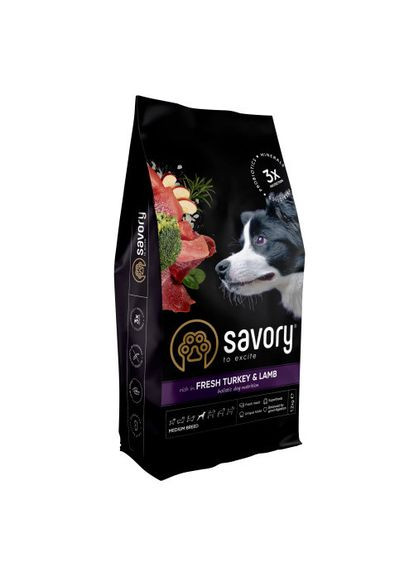 Сухой корм Medium для собак средних пород, со свежим ягненком и индейкой, 12 кг Savory (322874630)