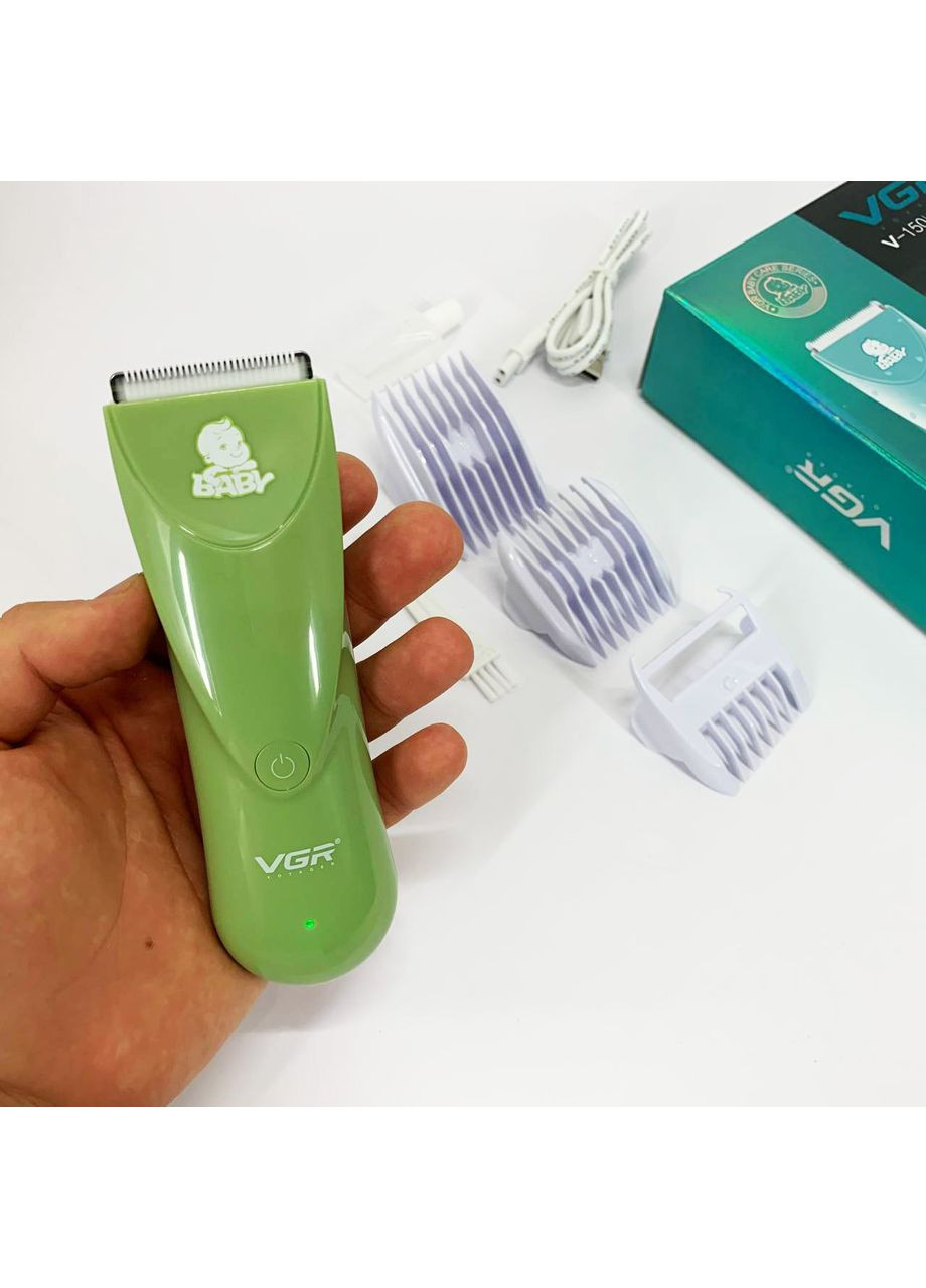 Дуже тиха бездротова машинка для стрижки волосся дітей V-150 з насадками. Колір: зелений VGR (366238782)