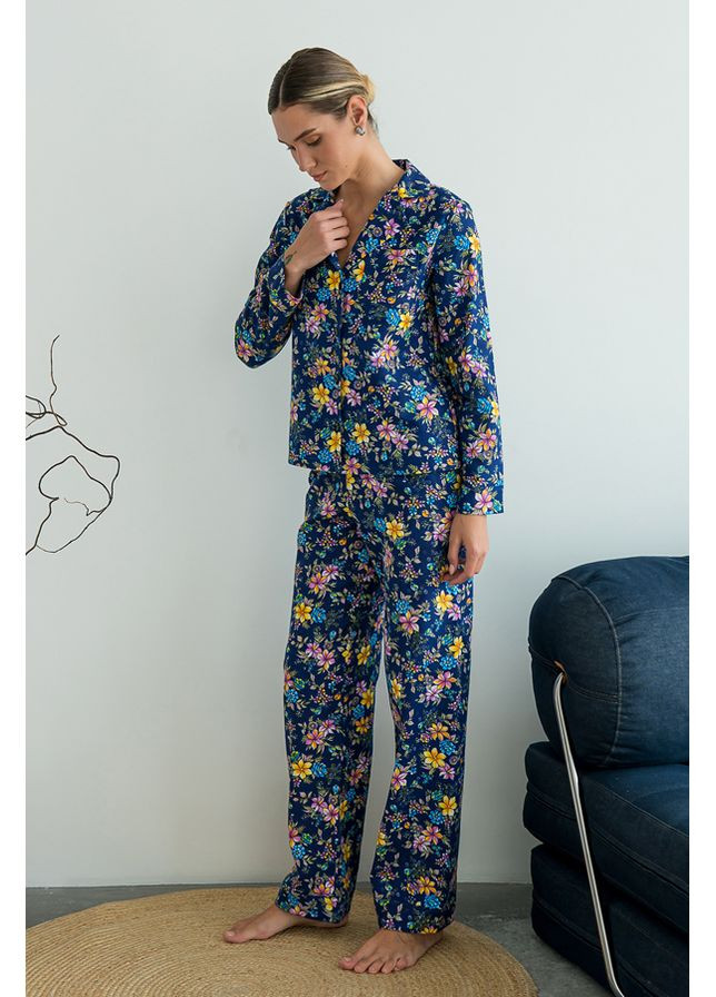 Синя всесезон піжамний фланелевий костюм з брюками ester Forly