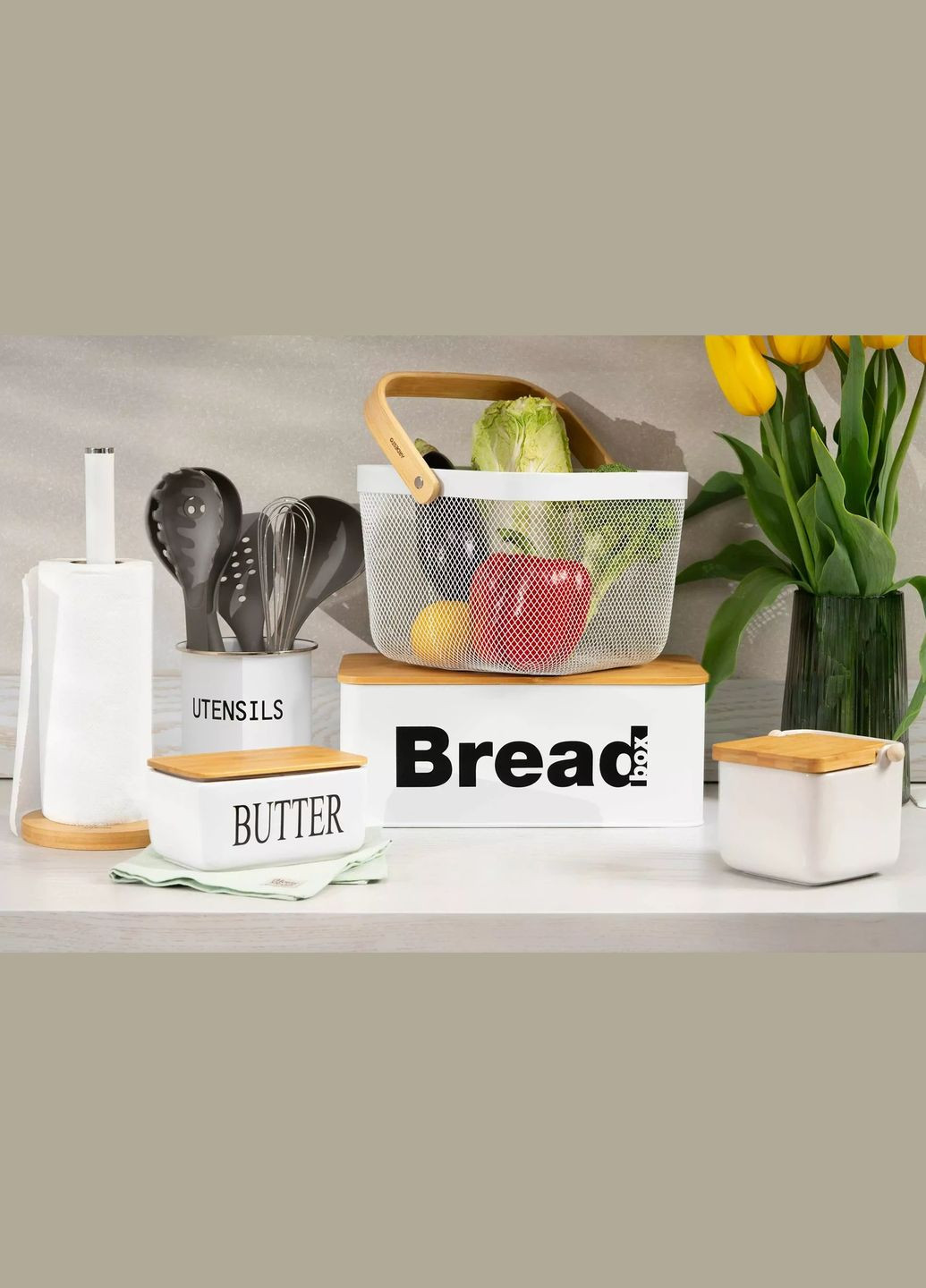 Хлібниця Midori біла металева з кришкою з бамбука розміром 33х18х13 см (AR0912WB) Ardesto (337128339)